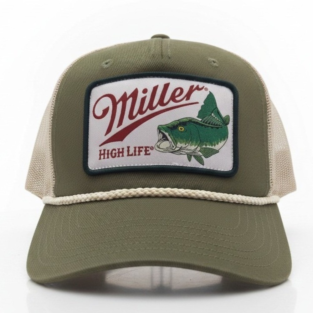 Miller High Life Bass Fishing Trucker Hat Olive Green Tan Snapback Rope Cap NEW